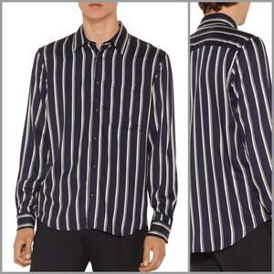 Sandro Paris Flow Striped Shirt button up Navy striped viscose Size XL